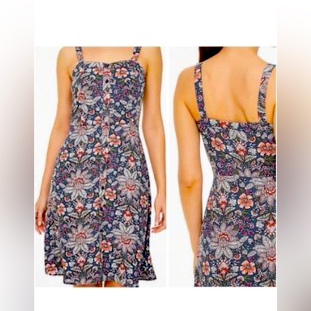 LOFT Grey Floral Sundress with Pink and White Blooms